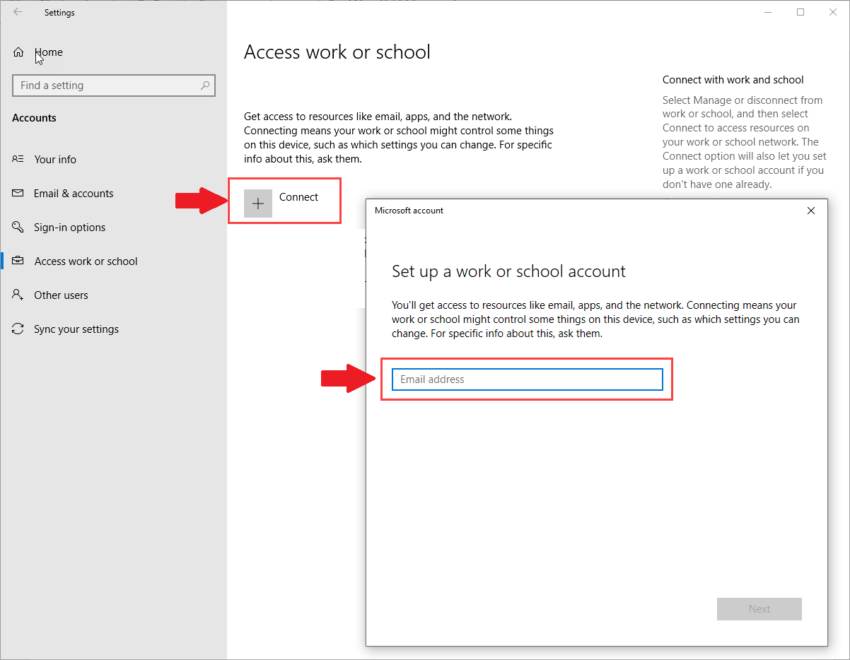 Add work or school account enrollment method